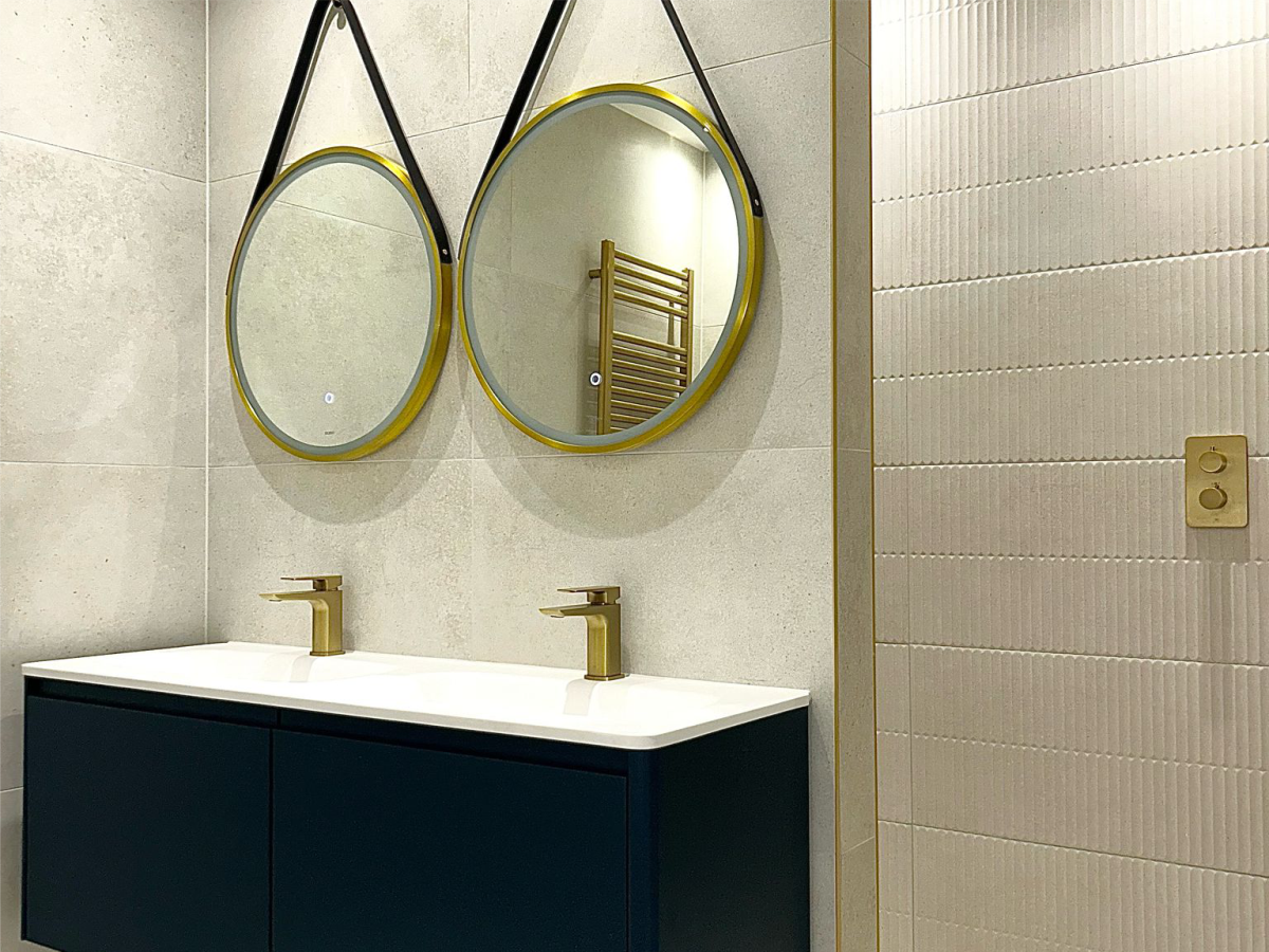 Luxury double sink navy vanity bathroom near Bishop's Stortford, Essex