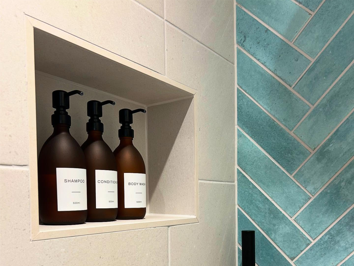 Tiled shower shelf detail in a Brentwood bathroom installation, Essex